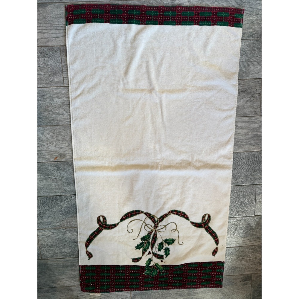 Lenox Holiday Nouveau Bath‎ Towel Christmas Holly Berry Plaid Embroidered Gold